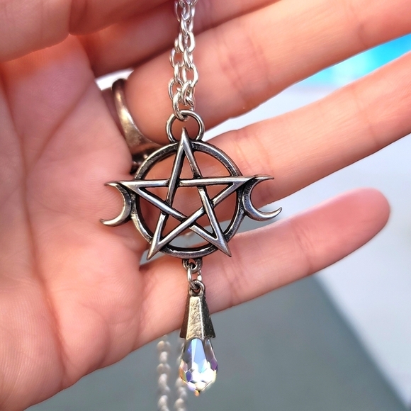 Alchemy Gothic Goddess Pendant – Triple Moon Pentagram Crystal Pewter Necklace - Picture 3 of 12